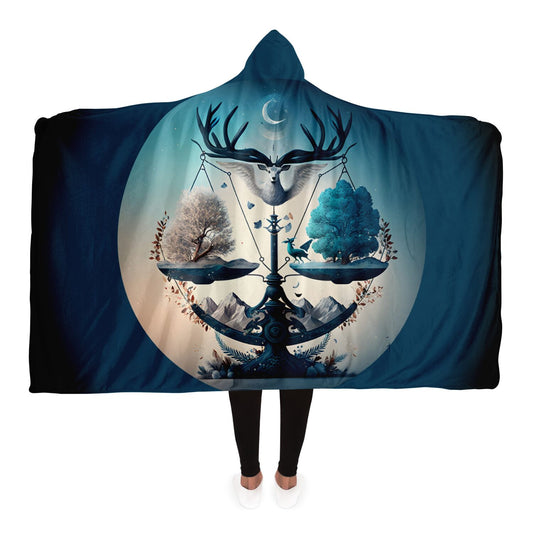 Libra Scales with Majestic Blue and White Trees Hooded Blanket
