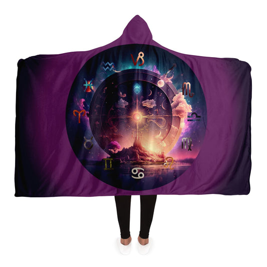 Zodiac Symbols Around Celestial Sphere with Amethyst Background Hooded Blanket