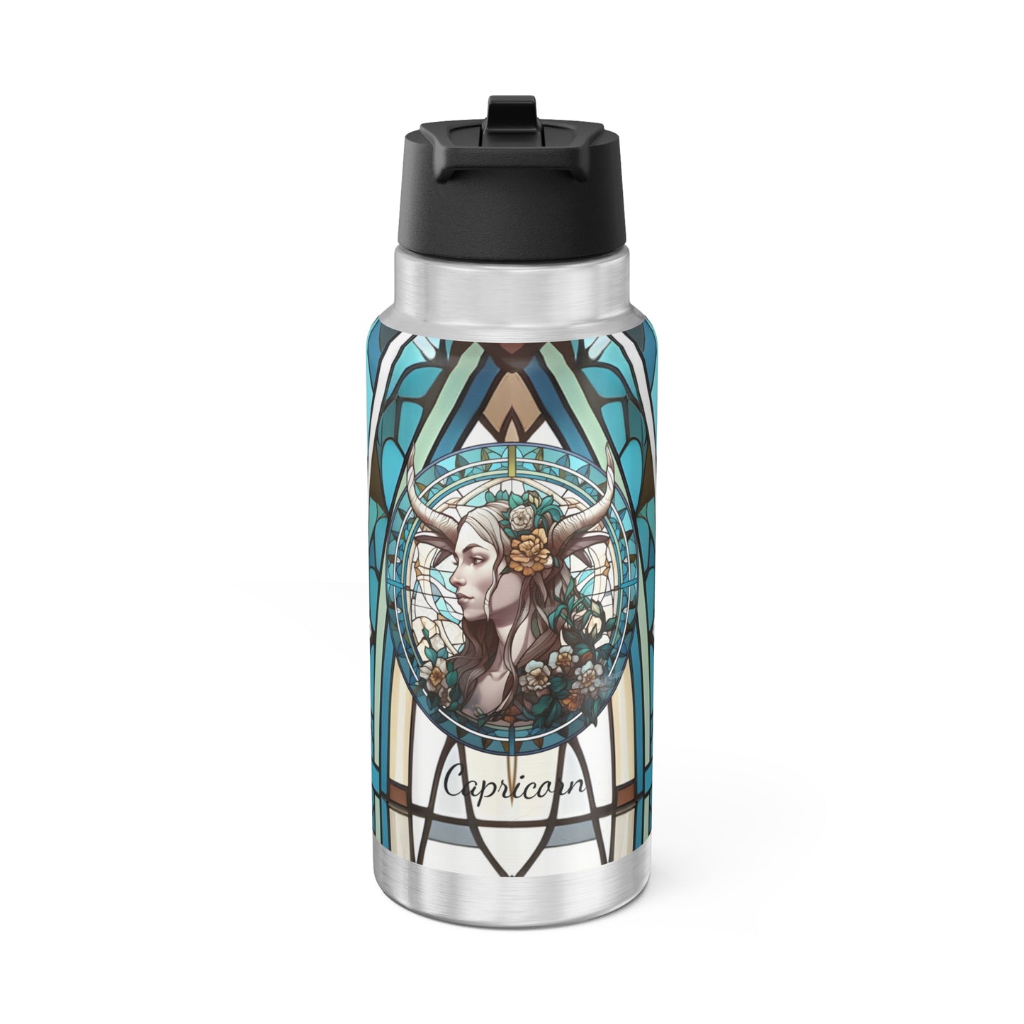 Capricorn Zodiac Sign Stained Glass Illustration ~ 32oz Tumbler With Lid and Straw