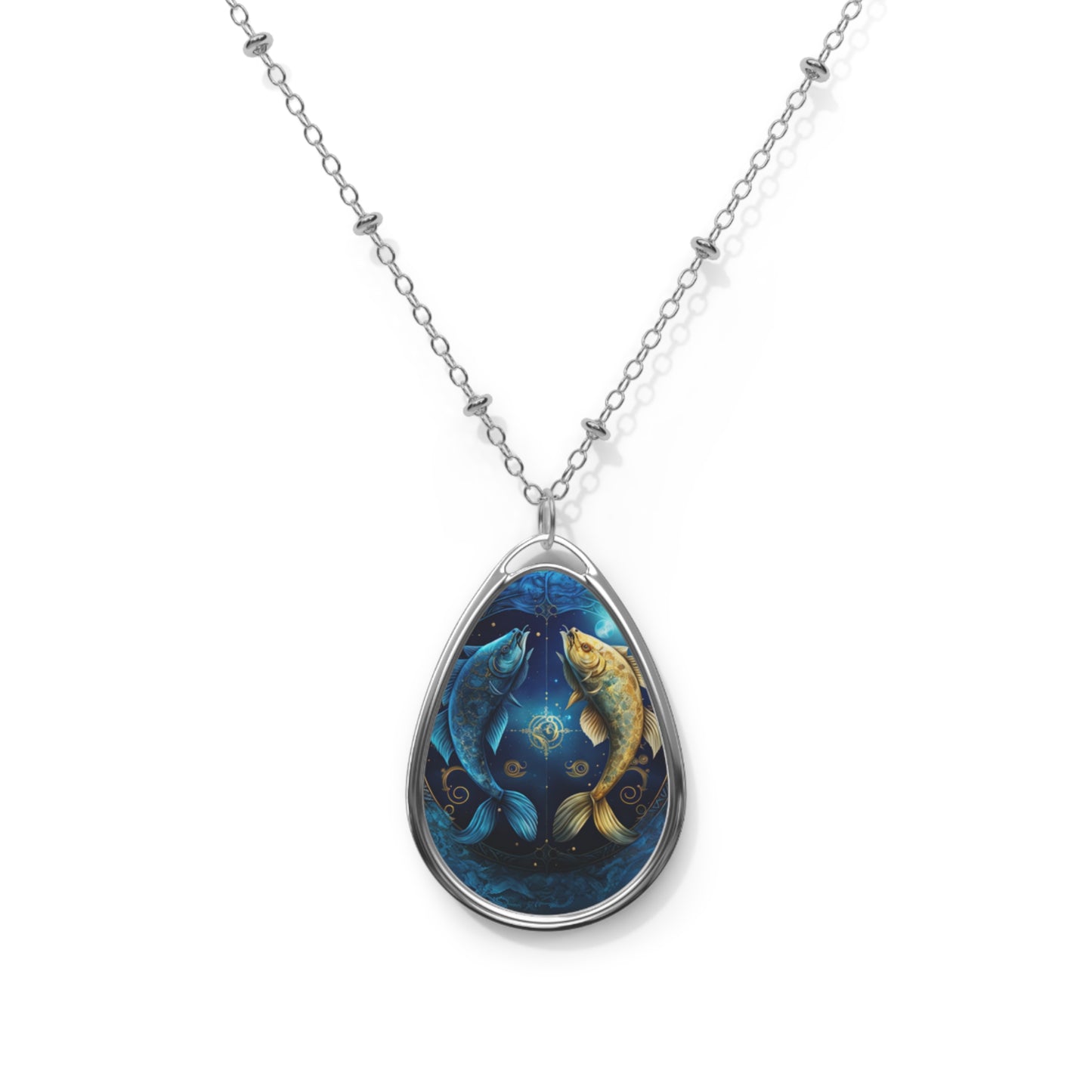 Pisces Zodiac Sign ~ Pisces Fish in Gold and Blue ~ Necklace & Oval Pendant With Chain