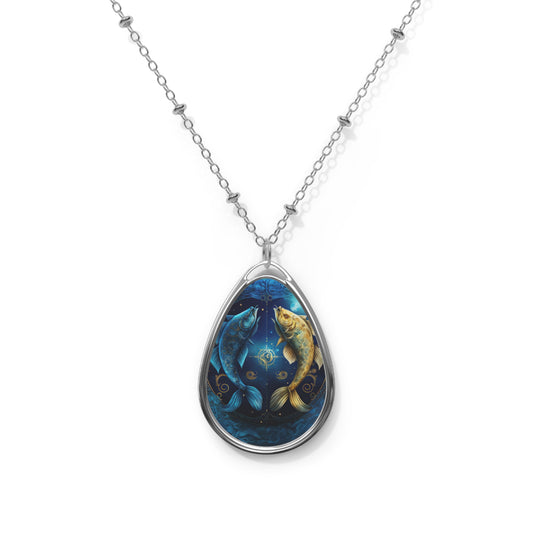 Pisces Zodiac Sign ~ Pisces Fish in Gold and Blue ~ Necklace & Oval Pendant With Chain