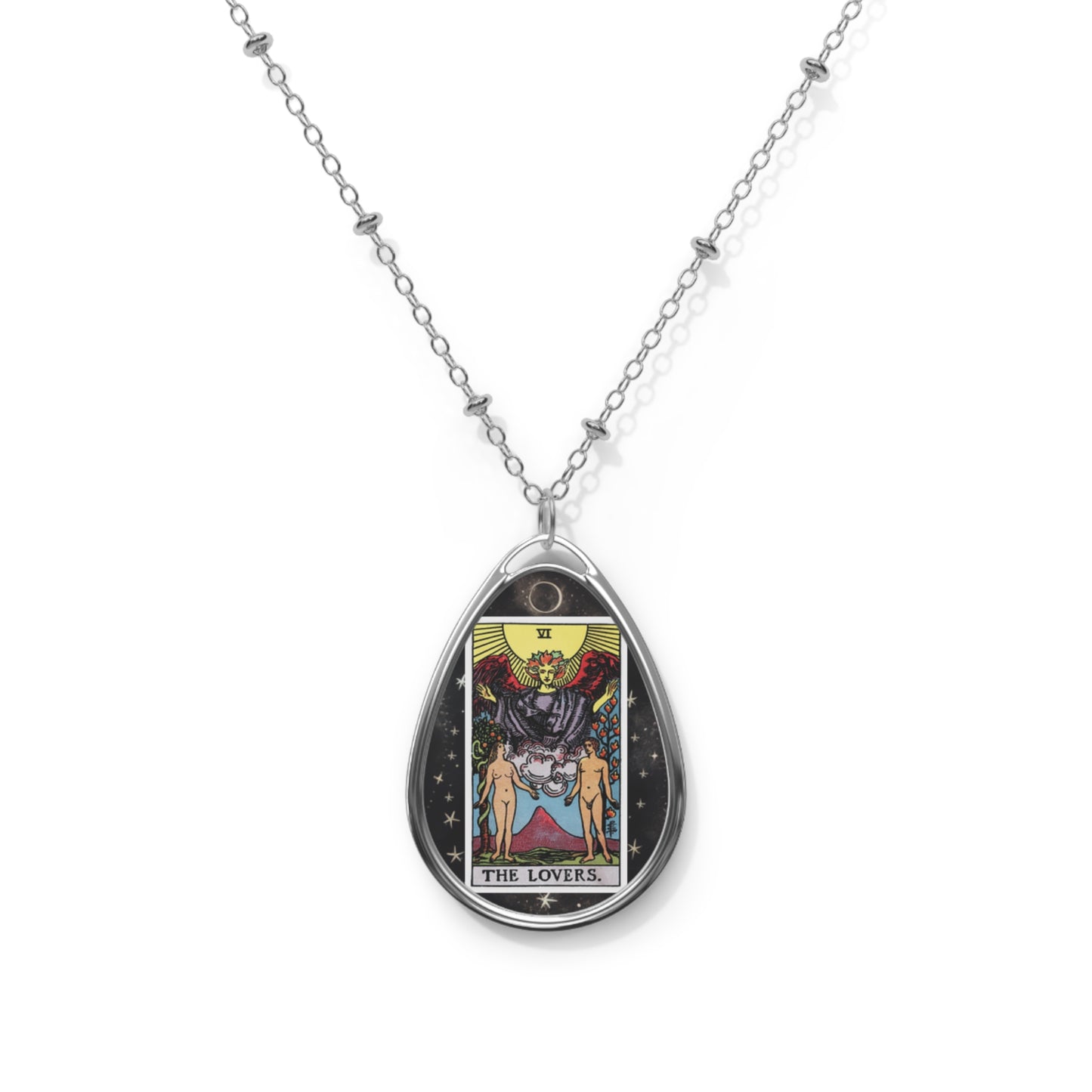The Lovers Tarot Card Oval Pendant Necklace With Chain