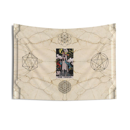 The Tower Tarot Card Altar Cloth or Tapestry with Marble Background, Flower of Life and Seed of Life