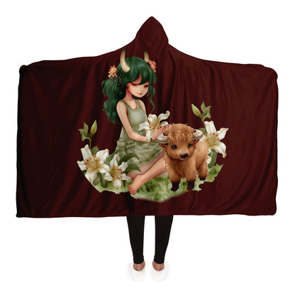 Taurus Girl and Bull in Garden Vintage Illustration Hooded Blanket