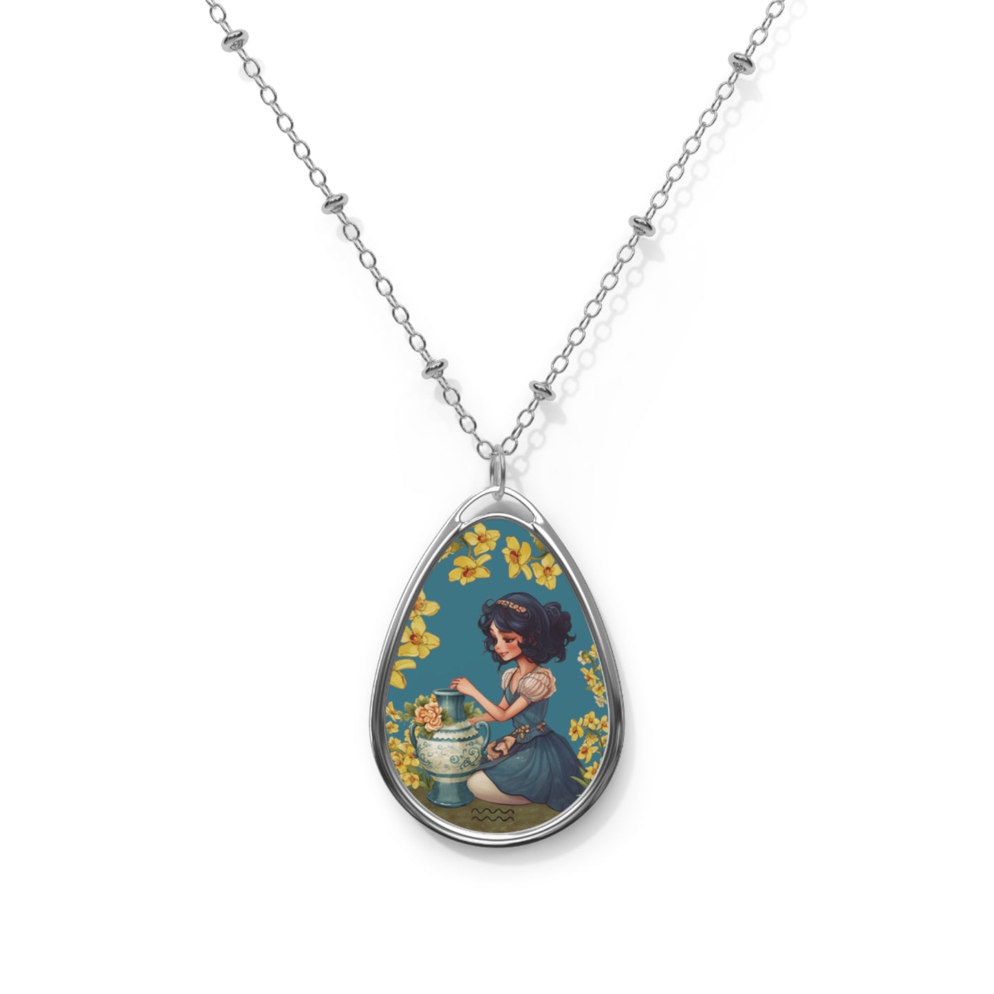 Aquarius Zodiac Sign ~ Cute Aquarius Girl Vintage Illustration ~ Necklace & Oval Pendant With Chain