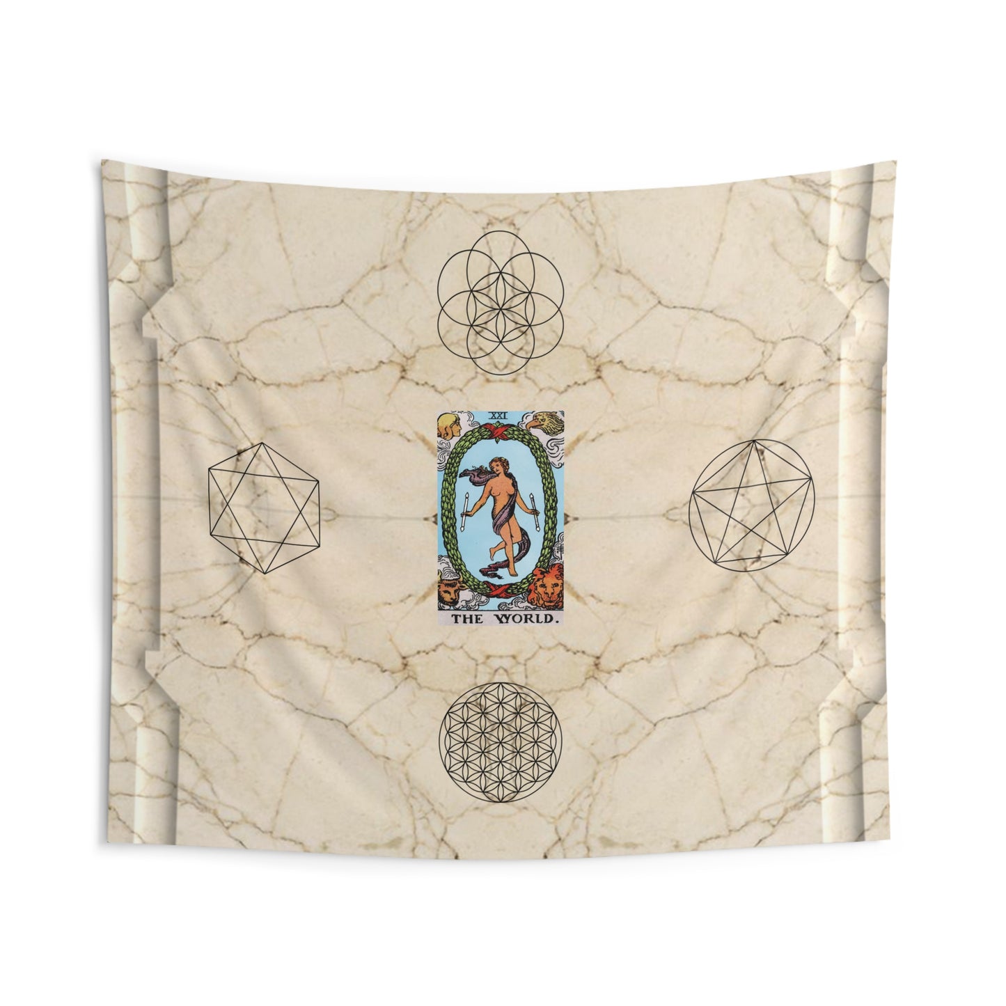 The World Tarot Card Altar Cloth or Tapestry with Marble Background, Flower of Life and Seed of Life