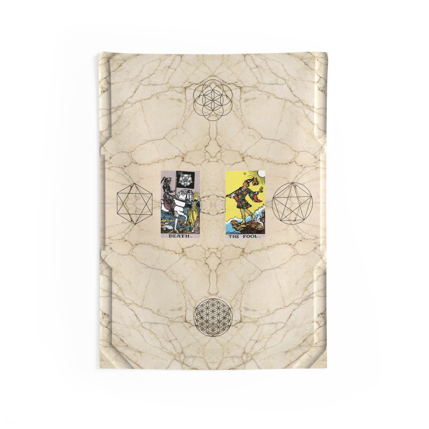 The Death AND The Fool Tarot Cards Altar Cloth or Tapestry with Marble Background, Flower of Life and Seed of Life