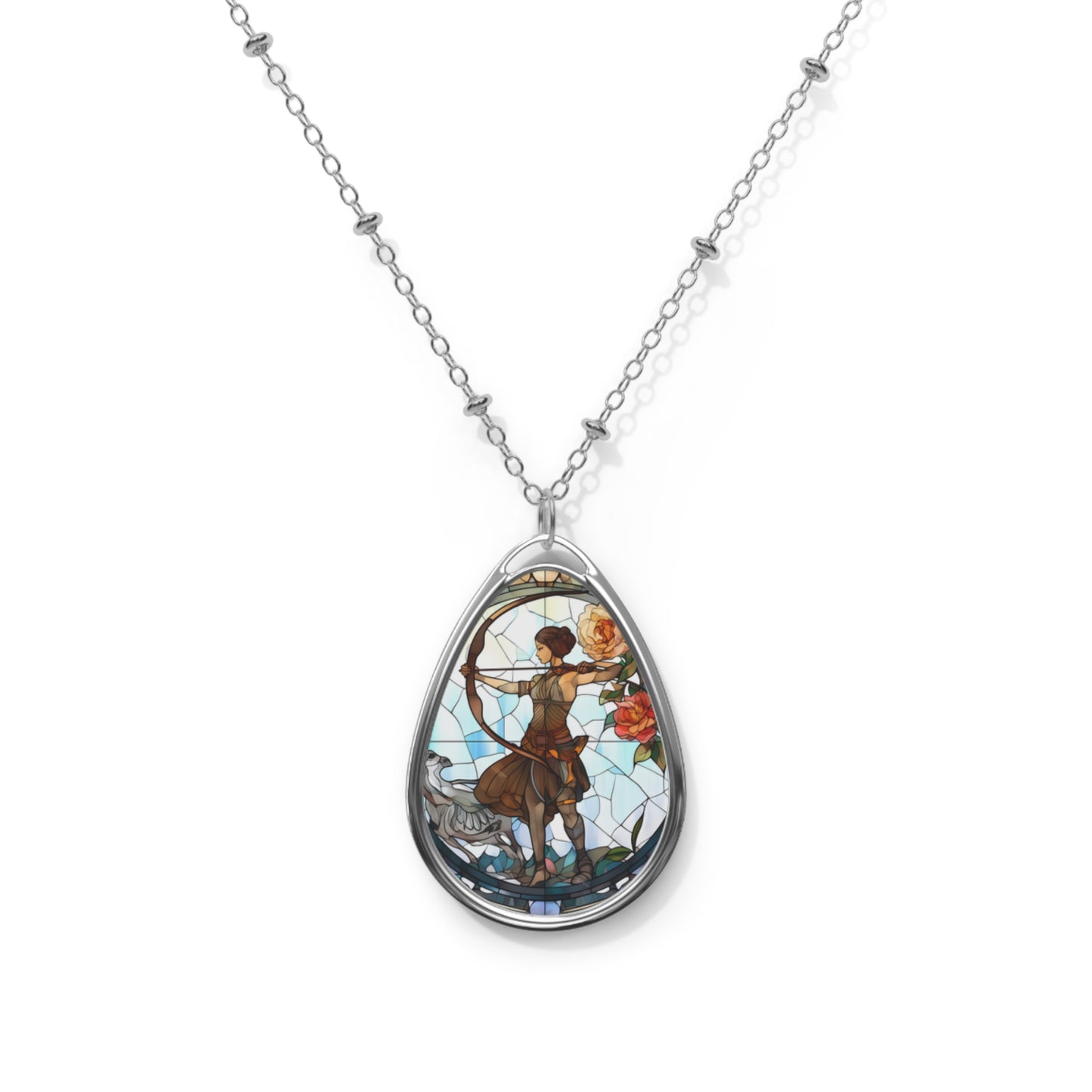 Sagittarius Zodiac Sign ~ Sagittarius Stained Glass Archer ~ Necklace & Oval Pendant With Chain
