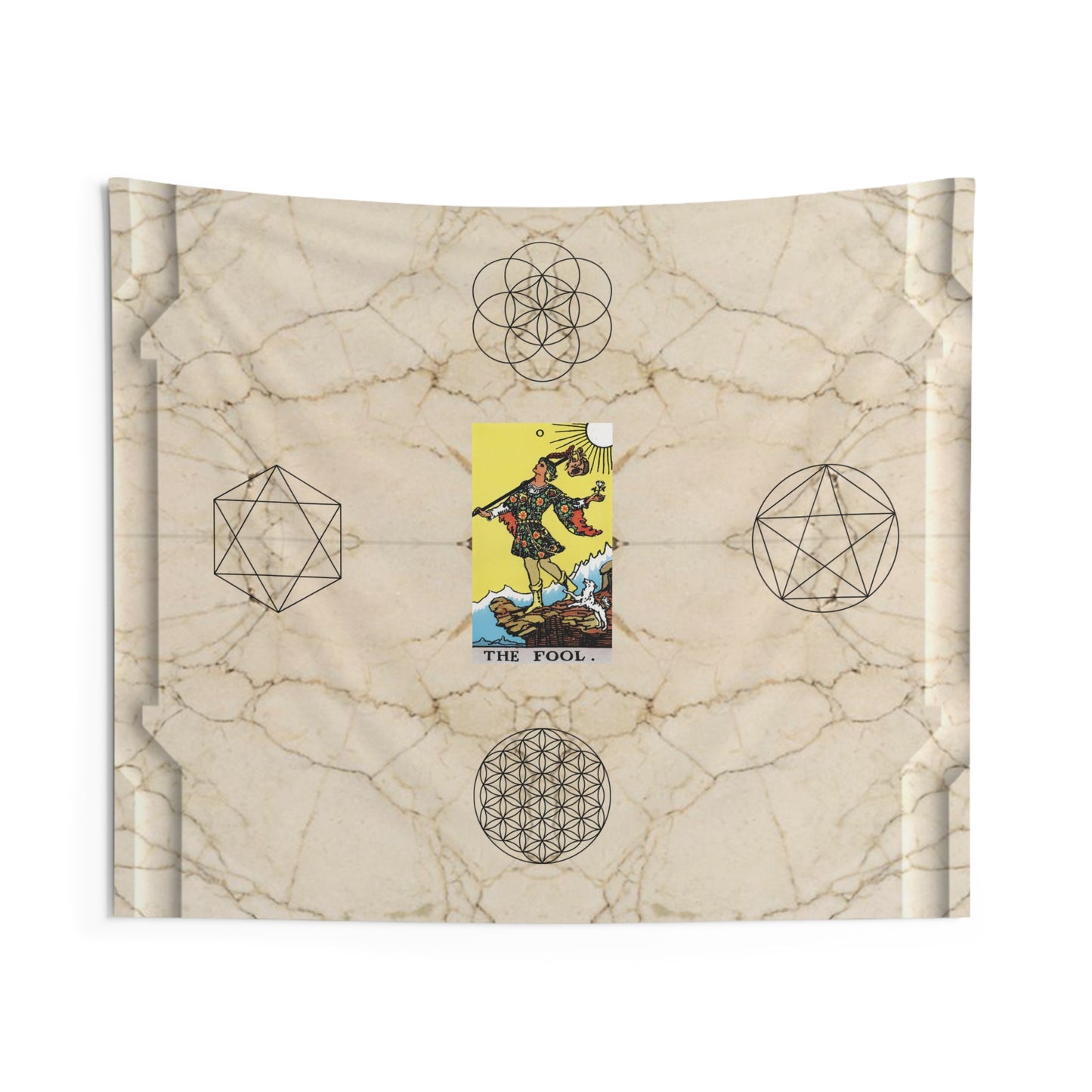 The Fool Tarot Card Altar Cloth or Tapestry with Marble Background, Flower of Life and Seed of Life