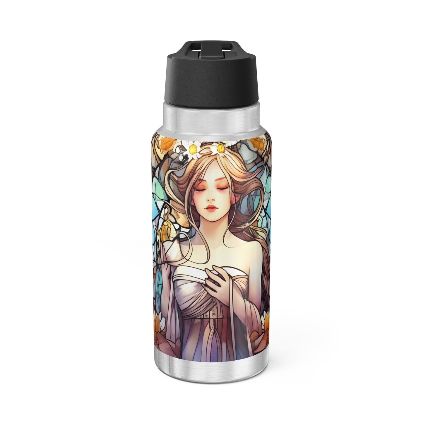 Virgo Zodiac Sign in White Dress Stained Glass Illustration ~ 32oz Tumbler With Lid and Straw