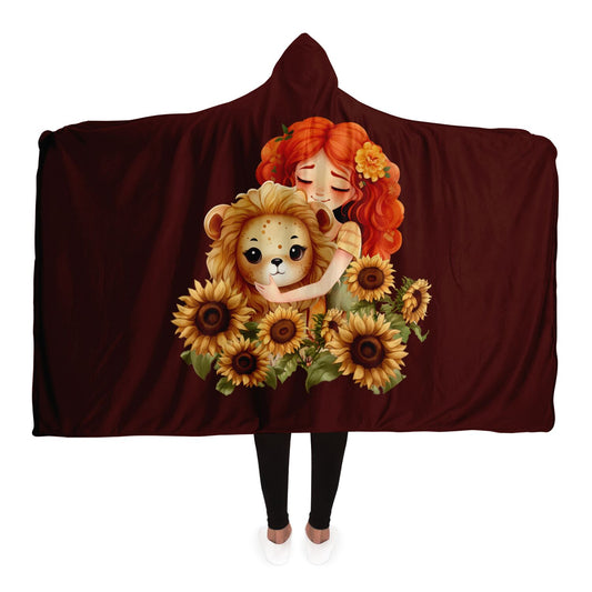 Leo Girl and Lion with Crimson Background Hooded Blanket