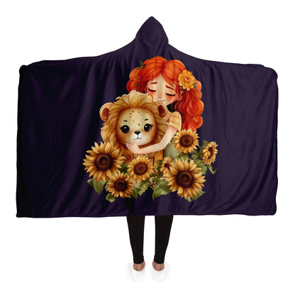 Leo Girl and Lion with Amethyst Background Hooded Blanket