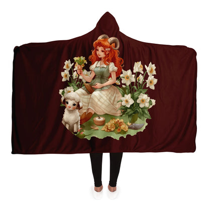 Aries Girl Vintage Illustration with Flower Garden Hooded Blanket