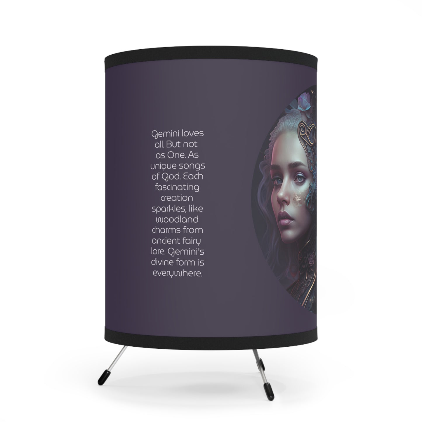 Gemini Twins in Violet with Inspirational Poem Printed Shade Tripod Lamp, US\CA plug