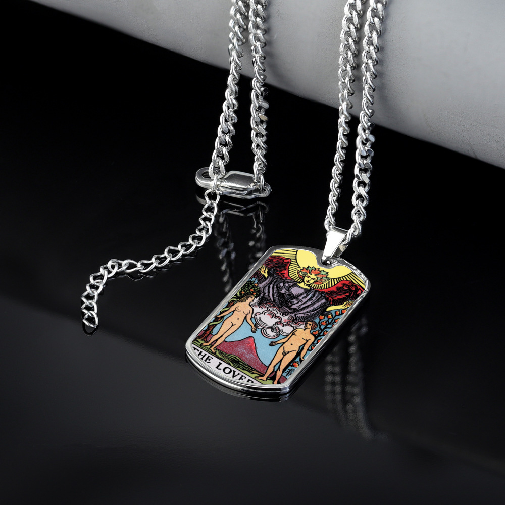 The Lovers Tarot Card Double Sided Print Rectangular Pendant and Necklace