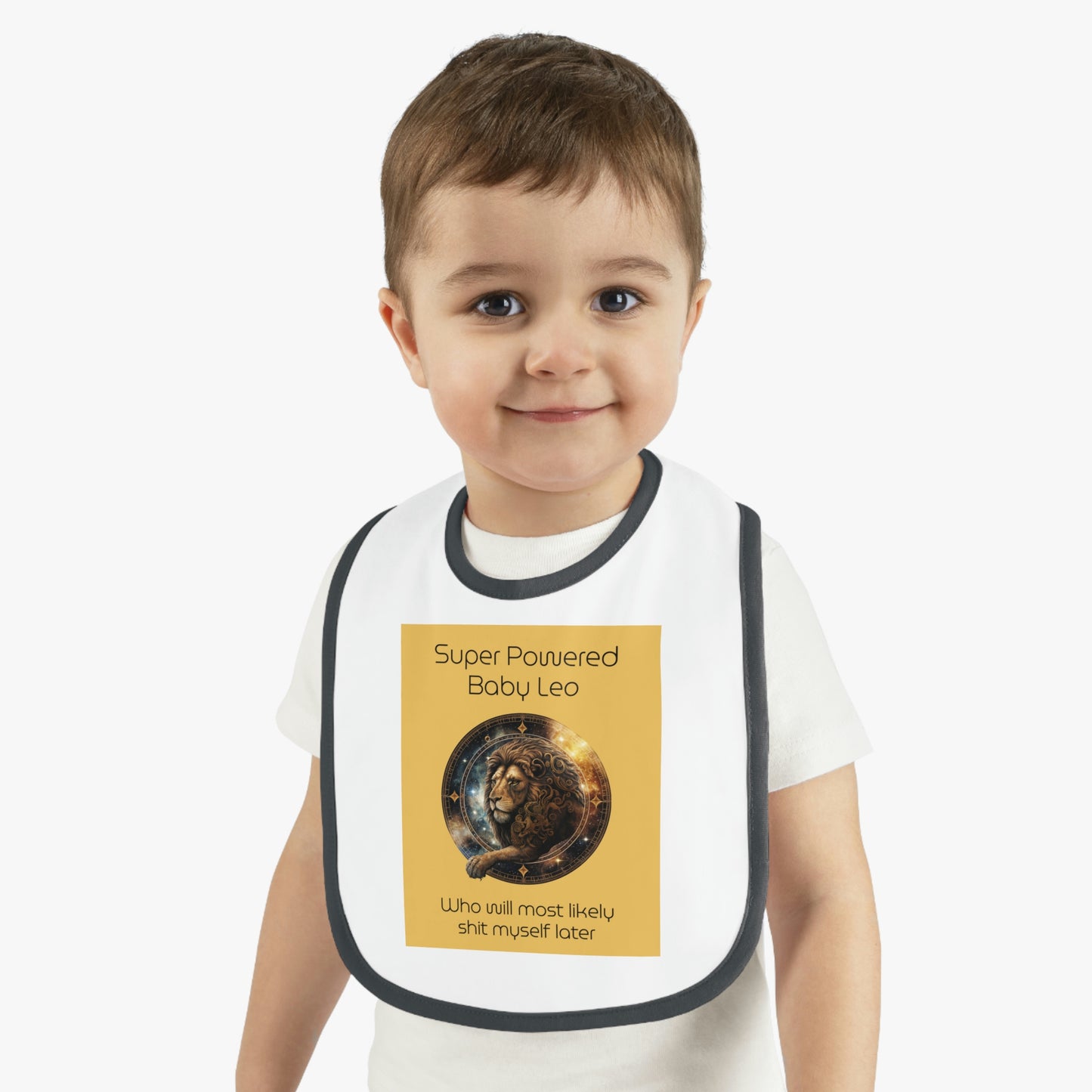Baby Leo Bib: "Super powered baby Leo - who will most likely shit myself later