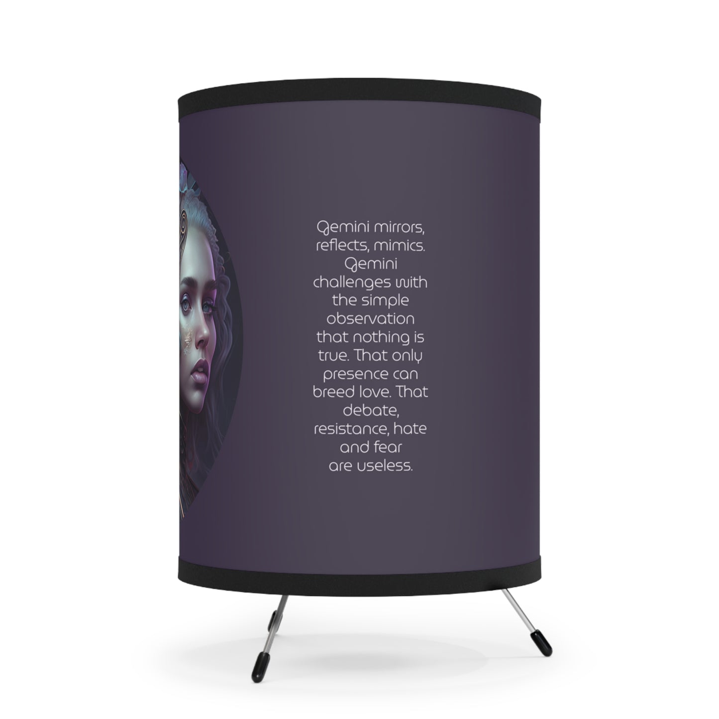 Gemini Twins in Violet with Inspirational Poem Printed Shade Tripod Lamp, US\CA plug