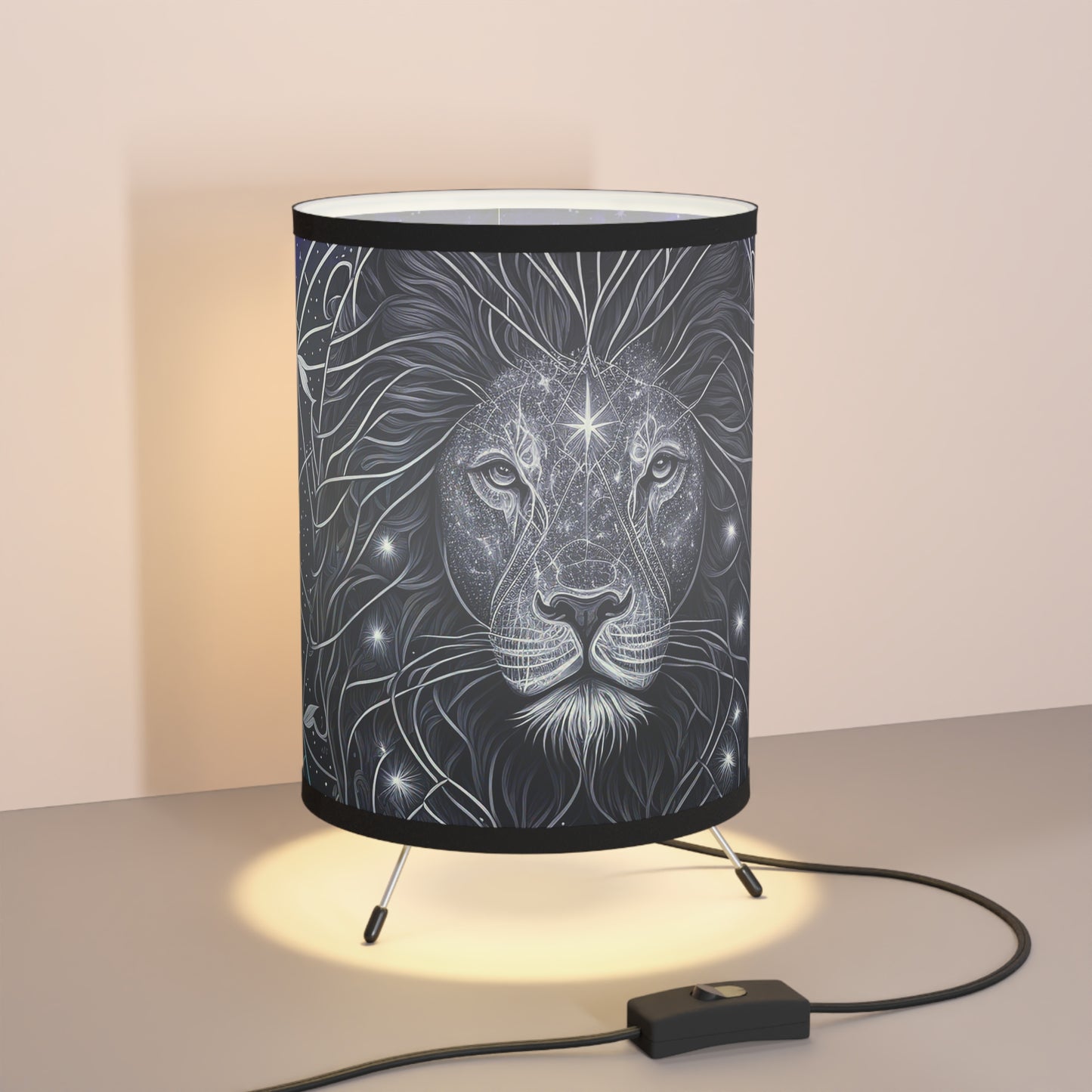 Leo in Black and White with Purple Starry Background Printed Shade Tripod Lamp, US\CA plug