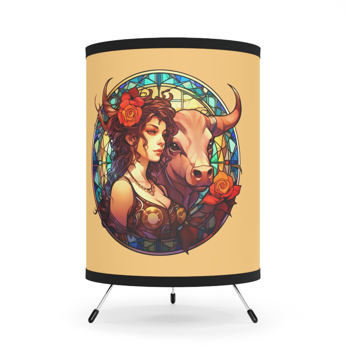 Taurus Woman and Bull Stained Glass Illustration Tripod Lamp with Printed Shade, US\CA plug