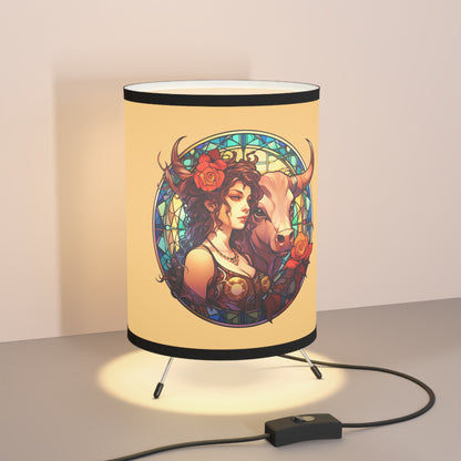 Taurus Woman and Bull Stained Glass Illustration Tripod Lamp with Printed Shade, US\CA plug
