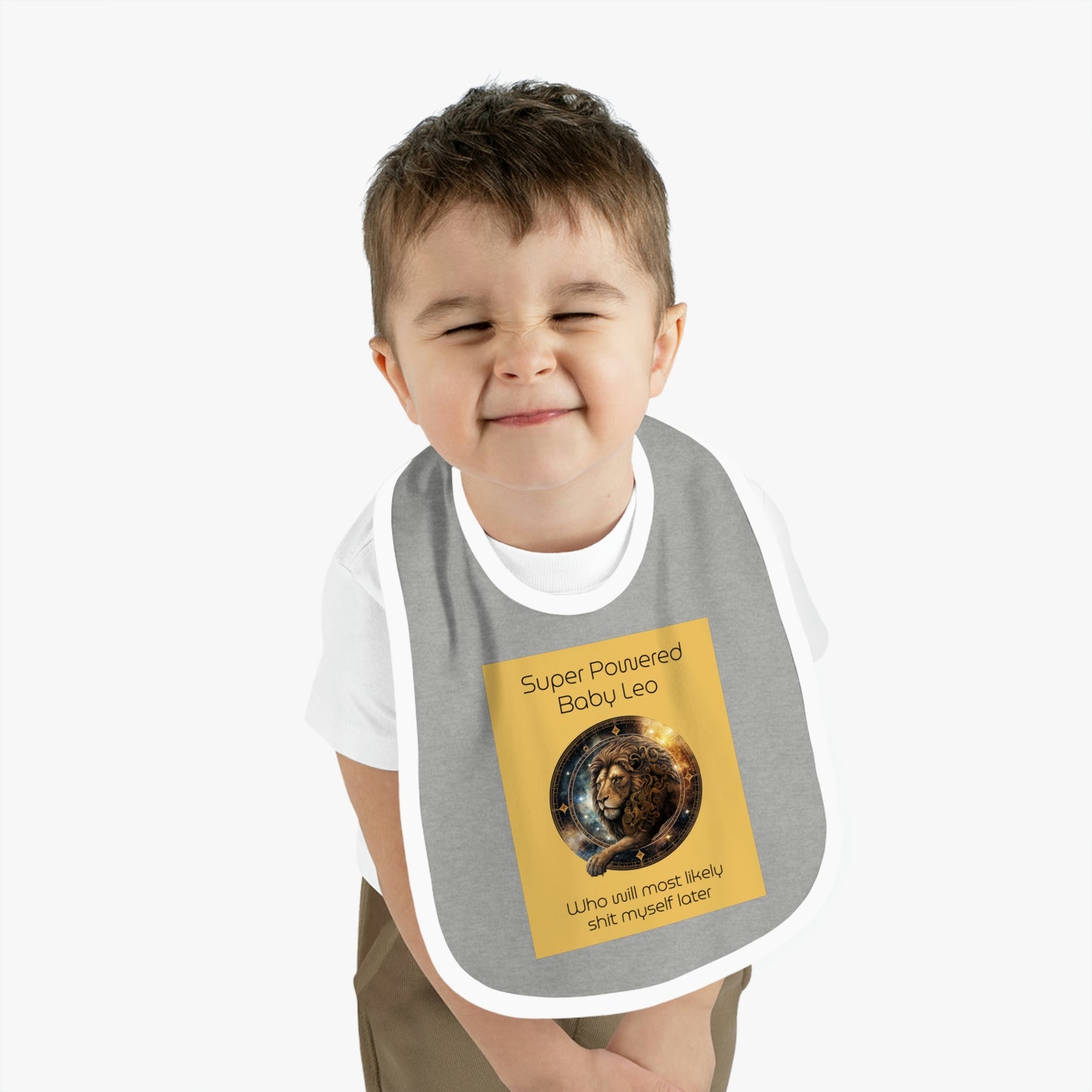Baby Leo Bib: "Super powered baby Leo - who will most likely shit myself later