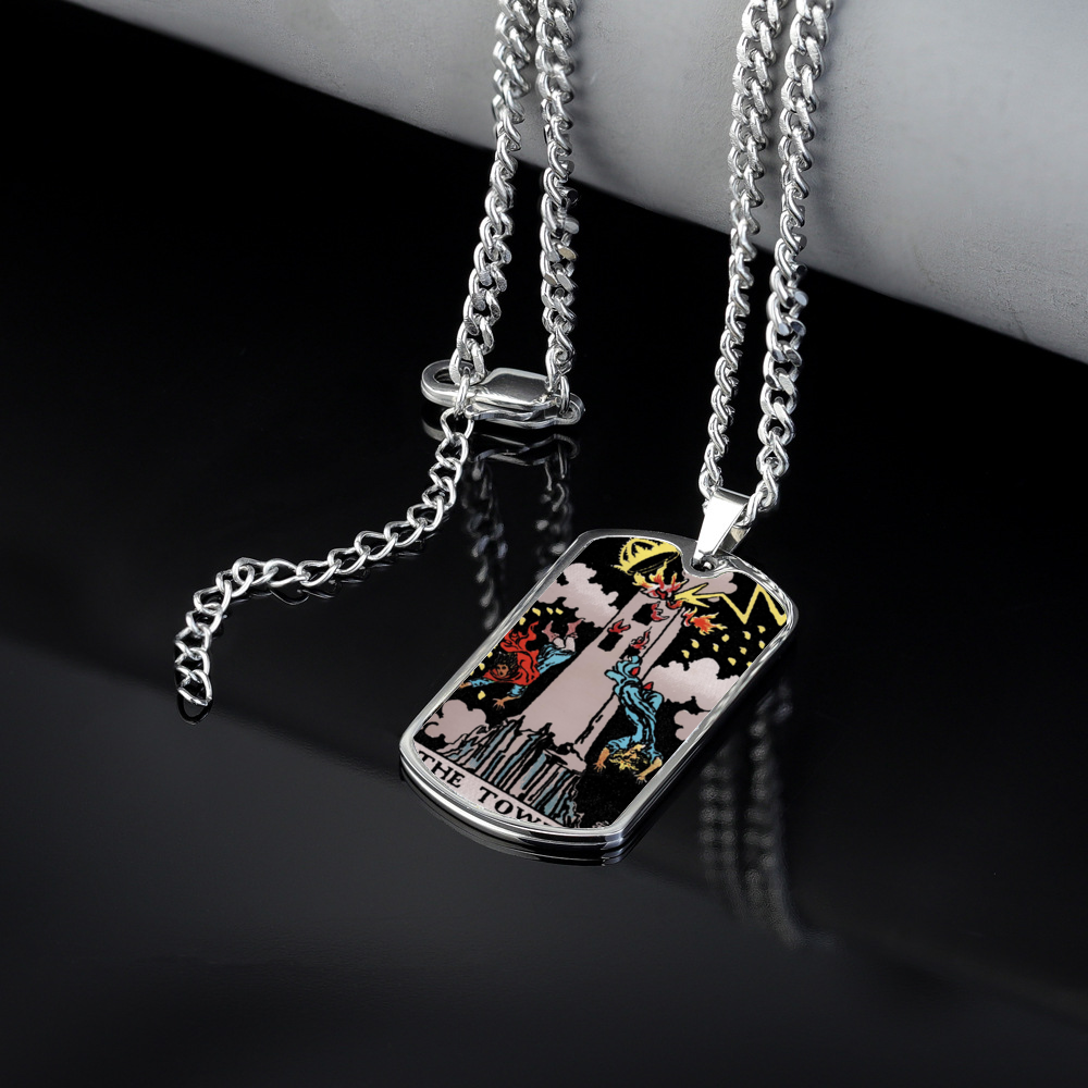 The Tower Tarot Card Double Sided Print Rectangular Pendant and Necklace