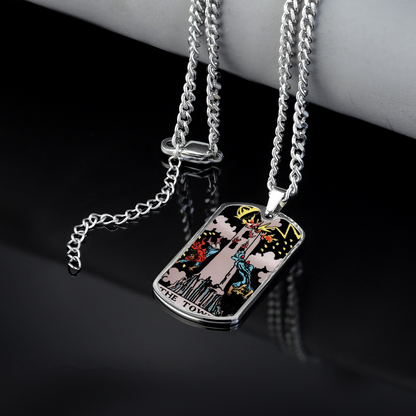 The Tower Tarot Card Double Sided Print Rectangular Pendant and Necklace