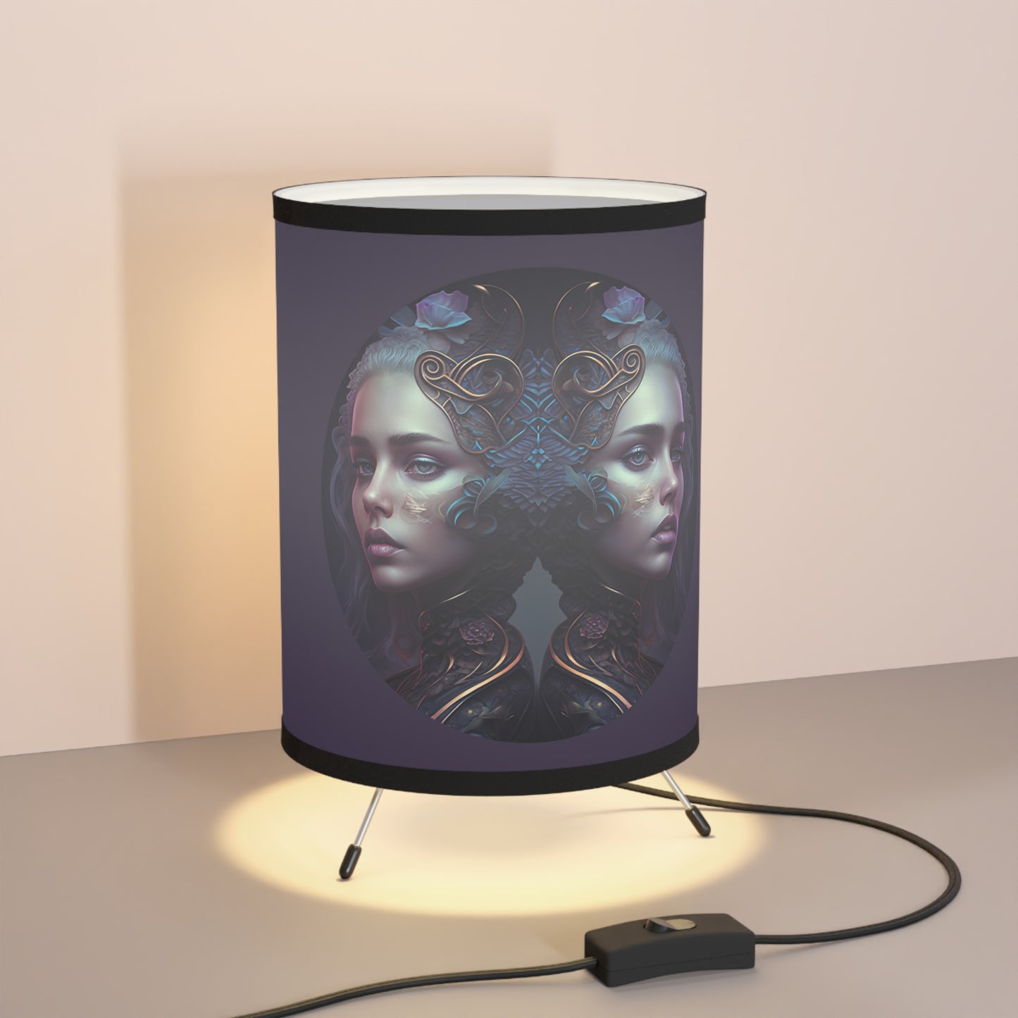 Gemini Twins in Violet Printed Shade Tripod Lamp, US\CA plug