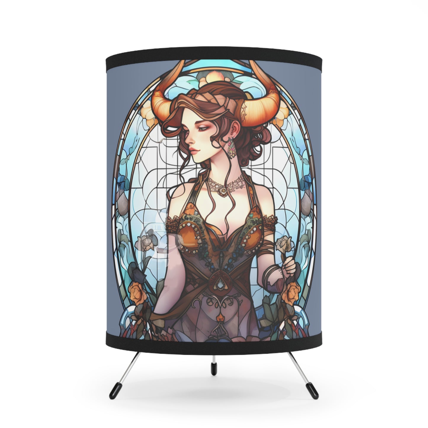 Taurus Stained Glass Illustration Tripod Lamp with Printed Shade, US\CA plug
