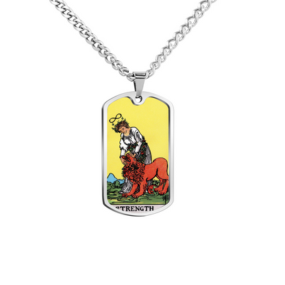 The Strength Tarot Card Double Sided Print Rectangular Pendant and Necklace