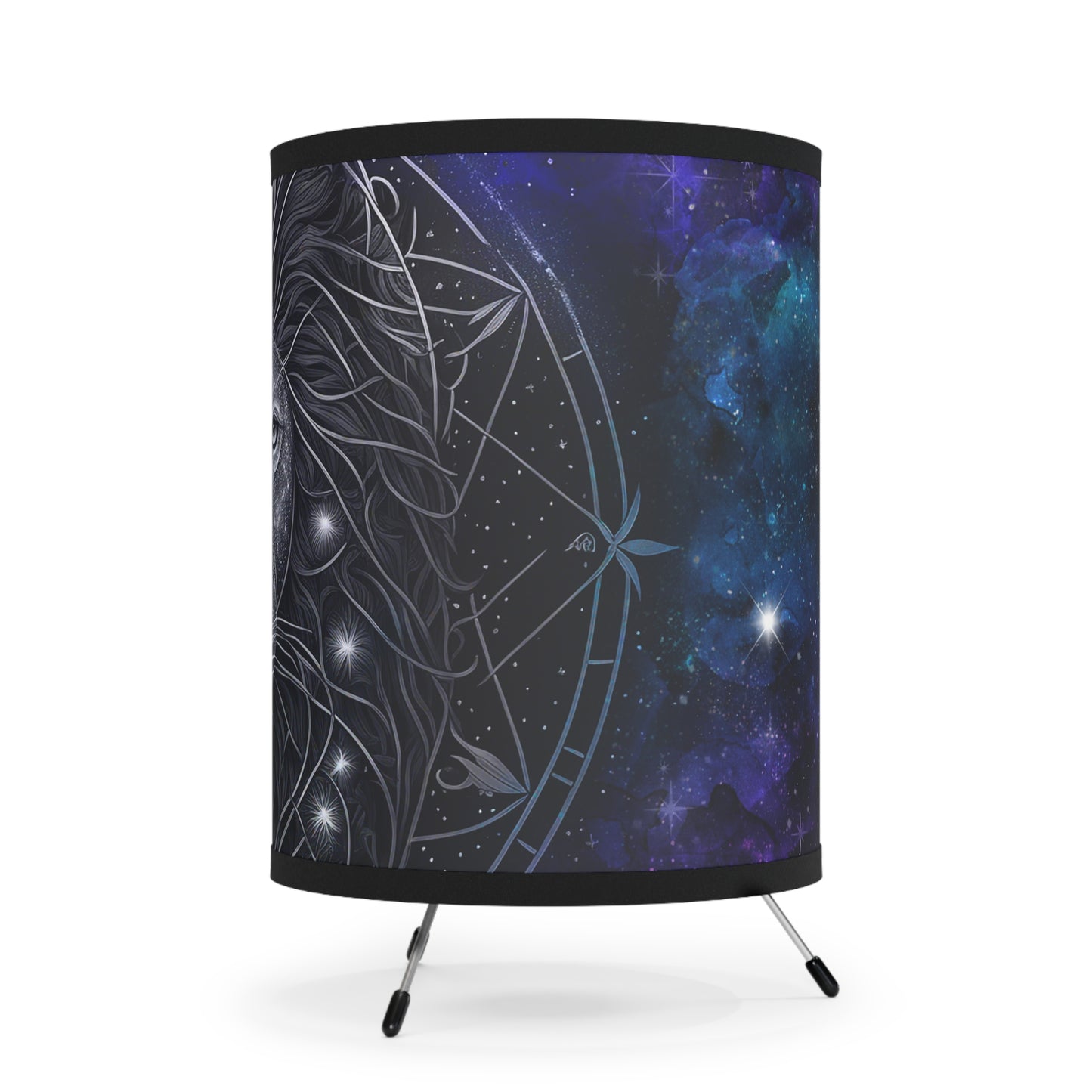Leo in Black and White with Purple Starry Background Printed Shade Tripod Lamp, US\CA plug