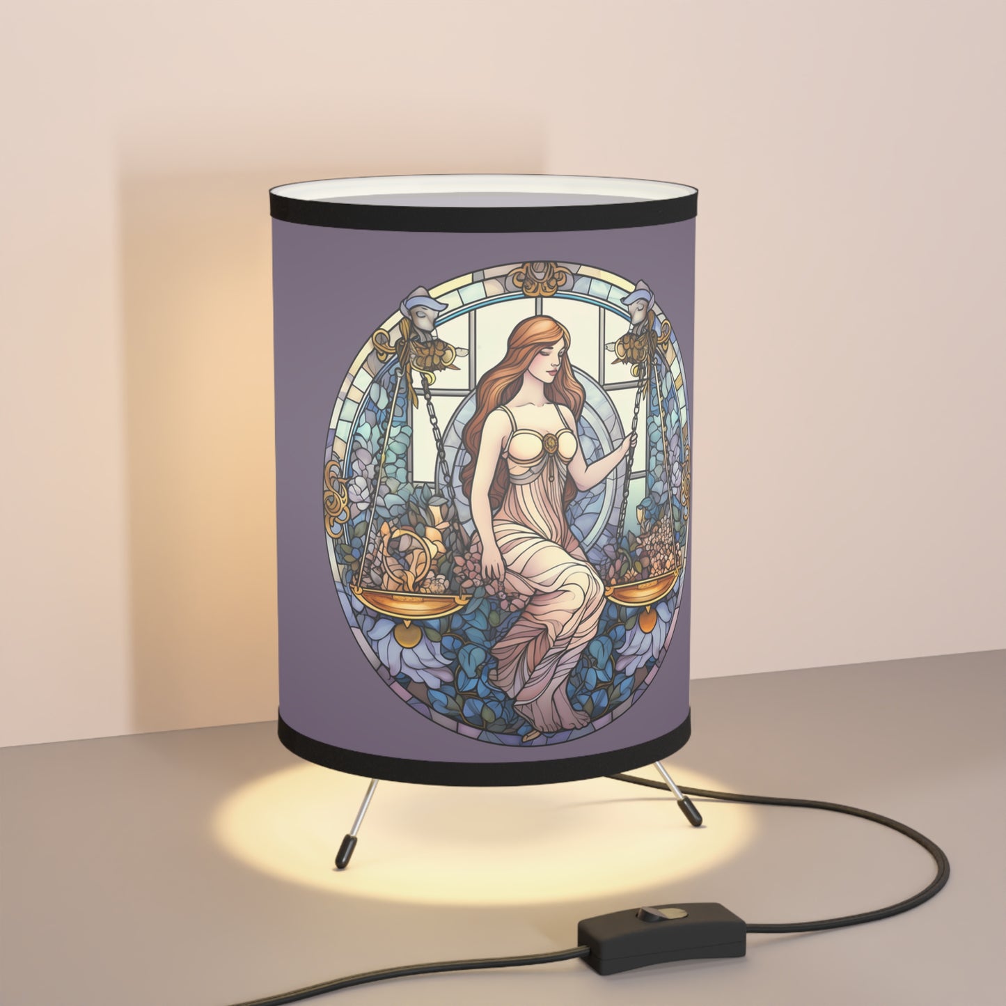 Libra Stained Glass Illustration Tripod Lamp with Printed Shade, US\CA plug