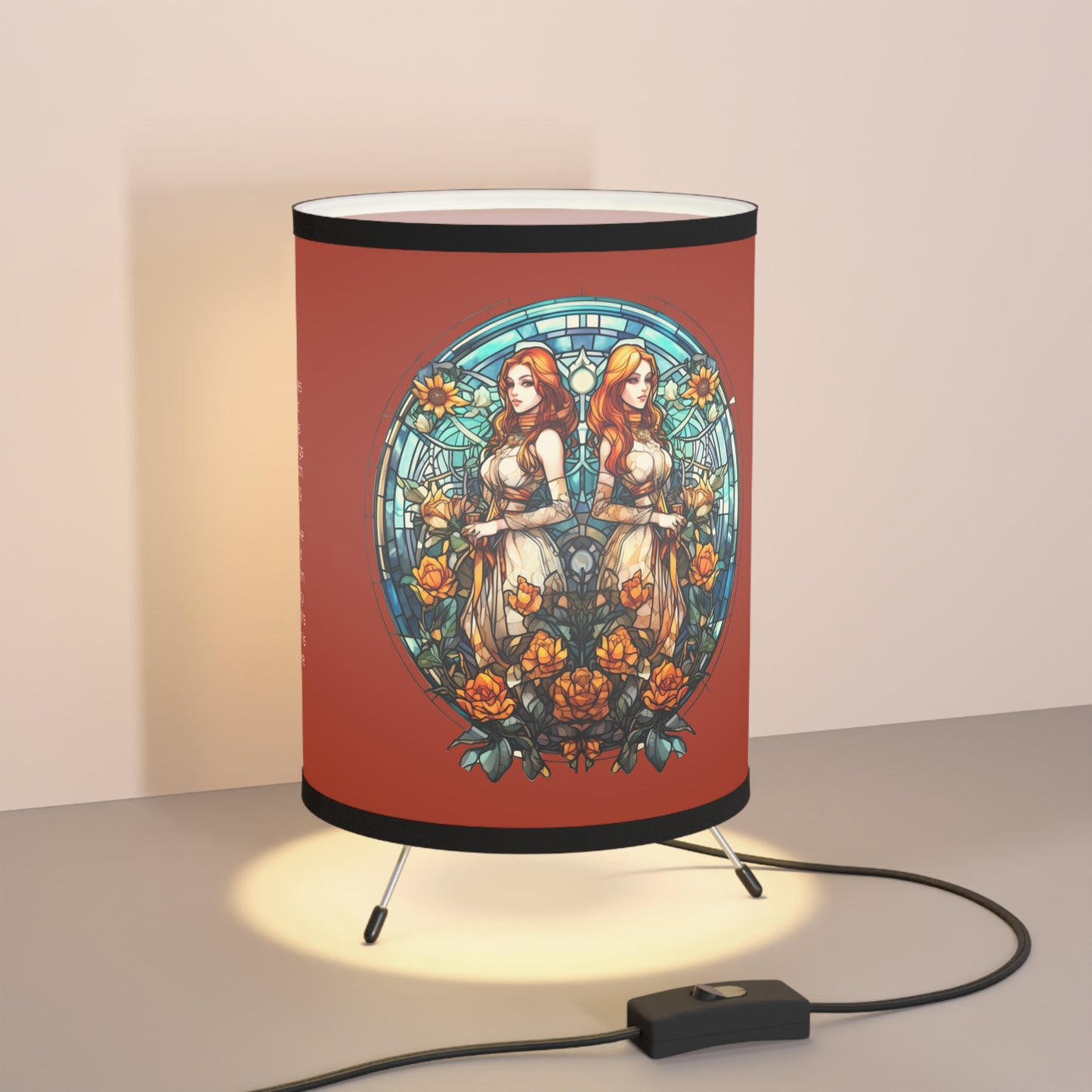 Gemini Stained Glass Twins with Inspirational Poem Printed Shade Tripod Lamp, US\CA plug