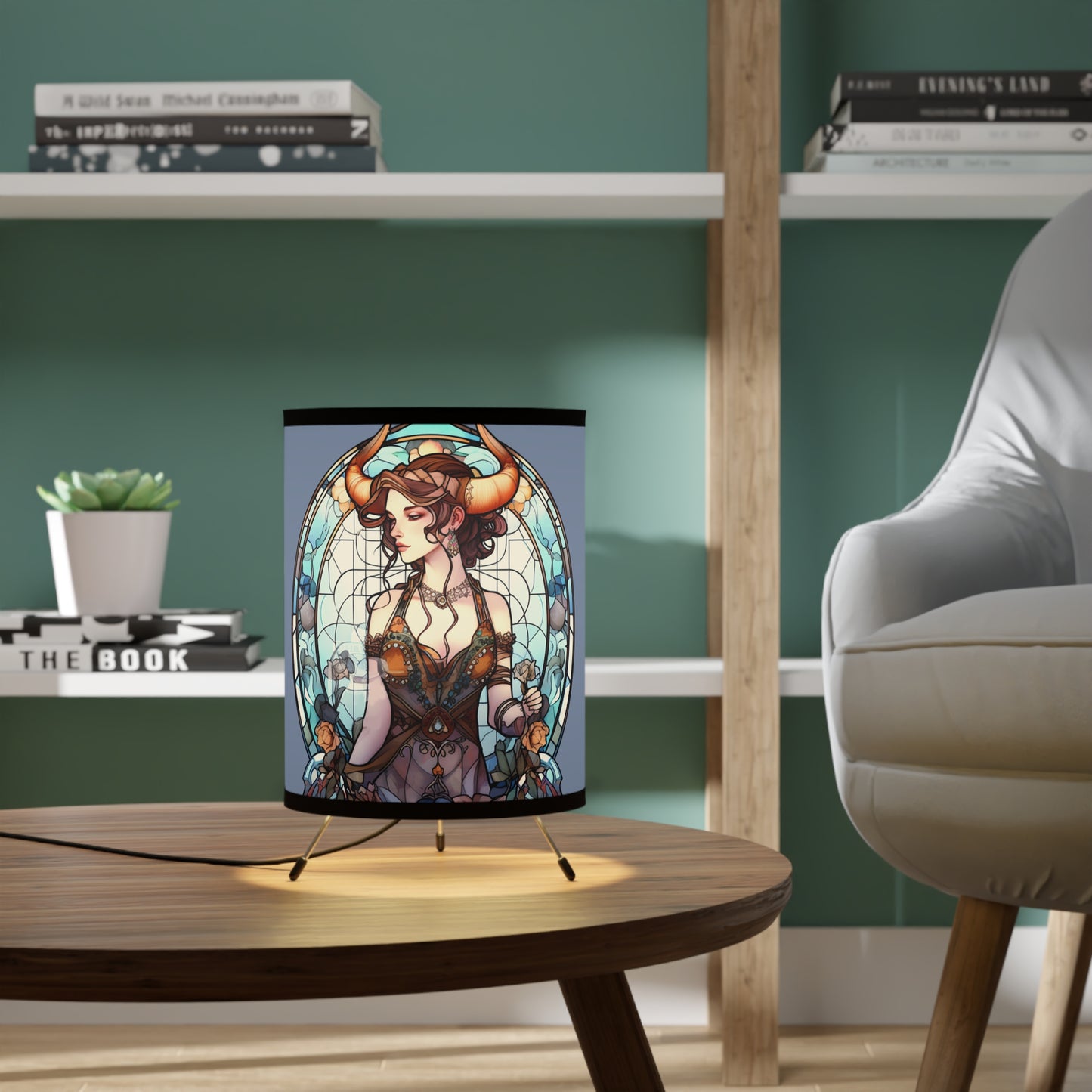 Taurus Stained Glass Illustration Tripod Lamp with Printed Shade, US\CA plug