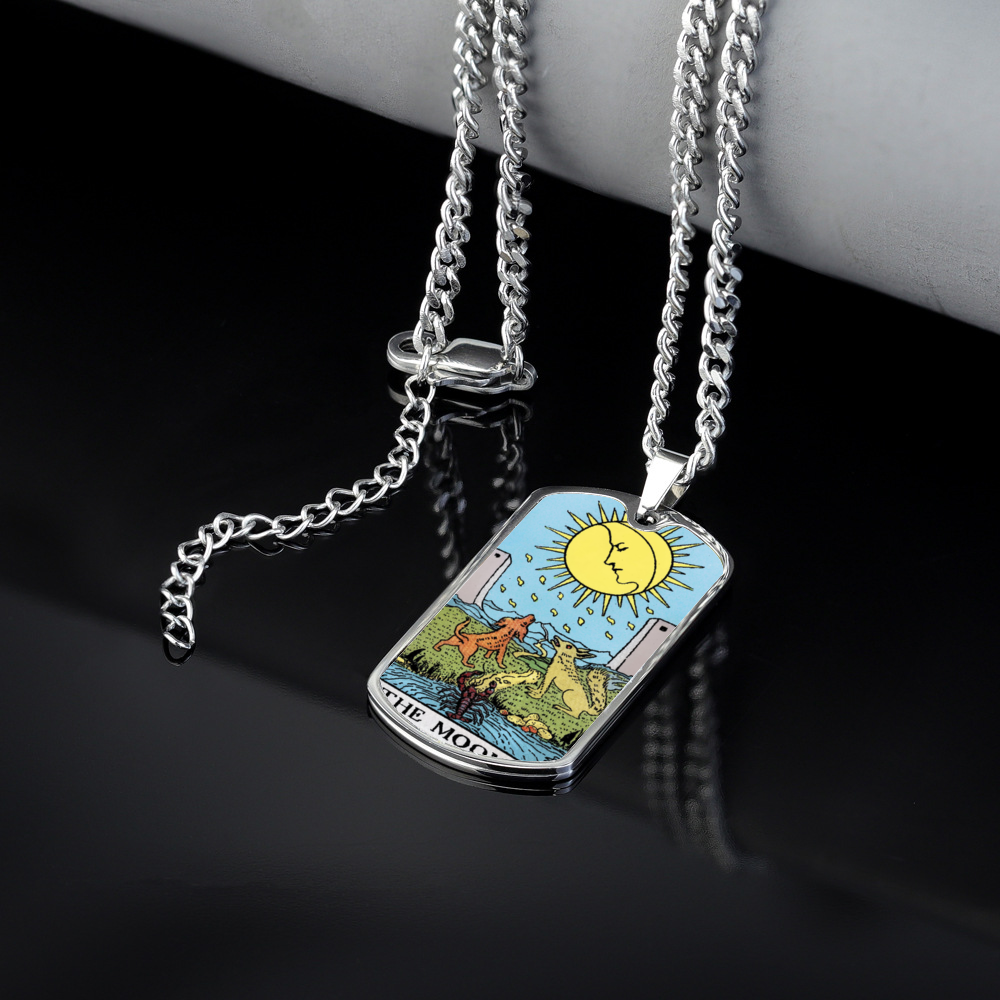 The Moon Tarot Card Double Sided Print Rectangular Pendant and Necklace