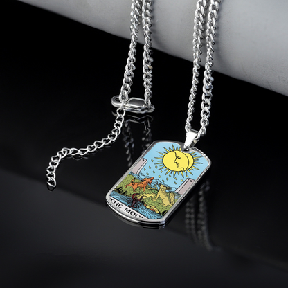 The Moon Tarot Card Double Sided Print Rectangular Pendant and Necklace
