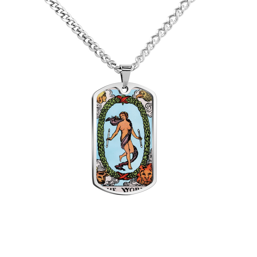 The World Tarot Card Double Sided Print Rectangular Pendant and Necklace