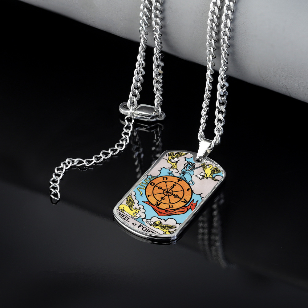 The Wheel of Fortune Tarot Card Double Sided Print Rectangular Pendant and Necklace