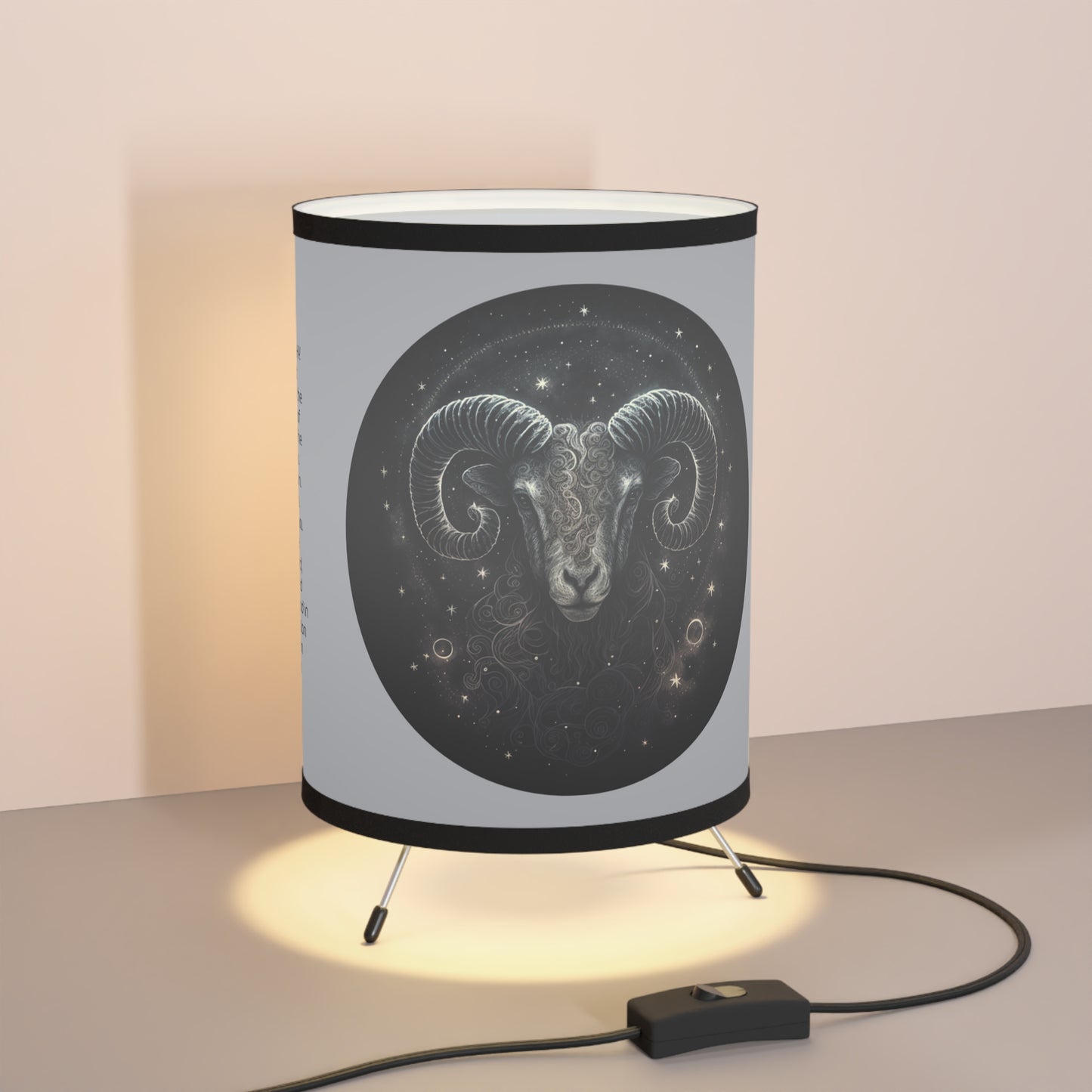 Aries Ram in Black and Silver with Inspirational Poem Tripod Lamp with Printed Shade, US\CA plug