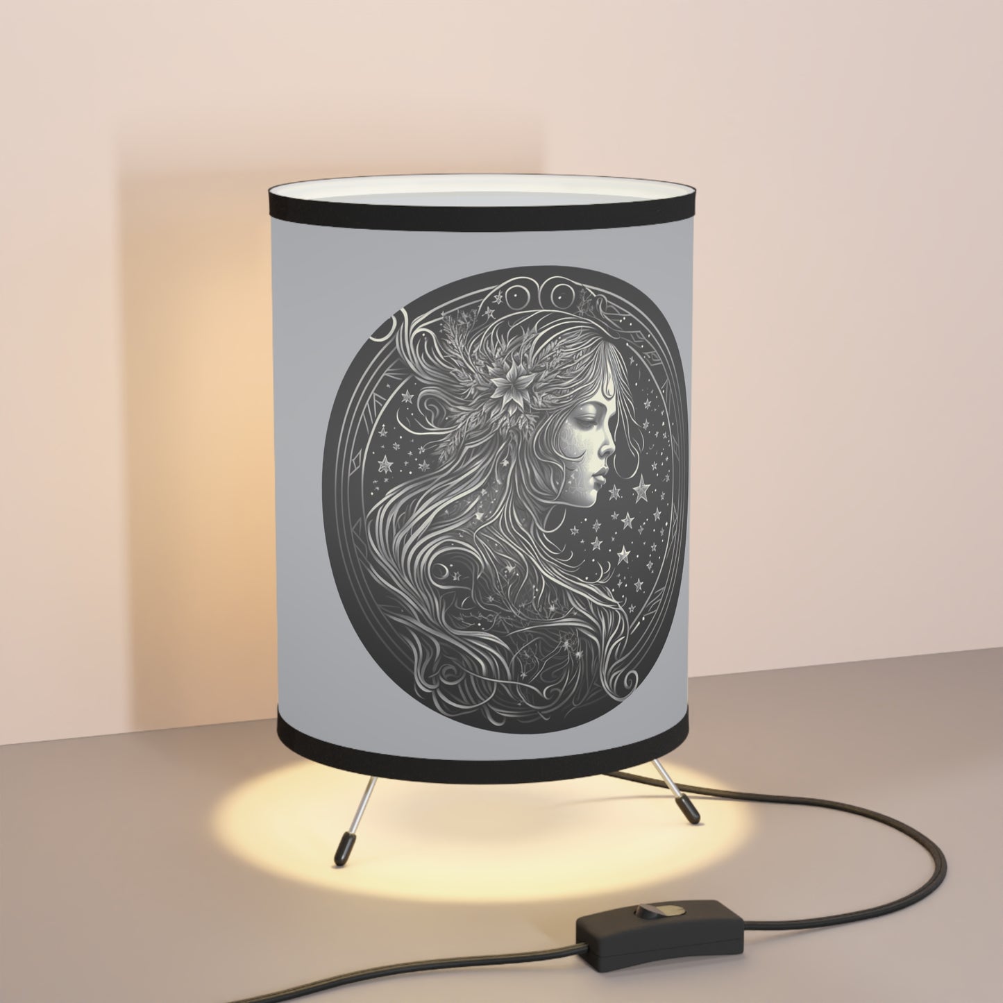 Virgo in Black and White Tripod Lamp with Printed Shade, US\CA plug