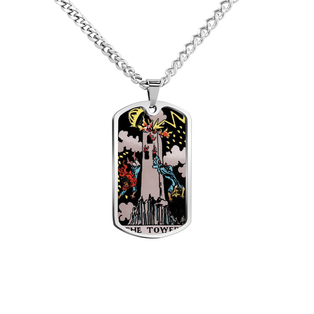 The Tower Tarot Card Double Sided Print Rectangular Pendant and Necklace