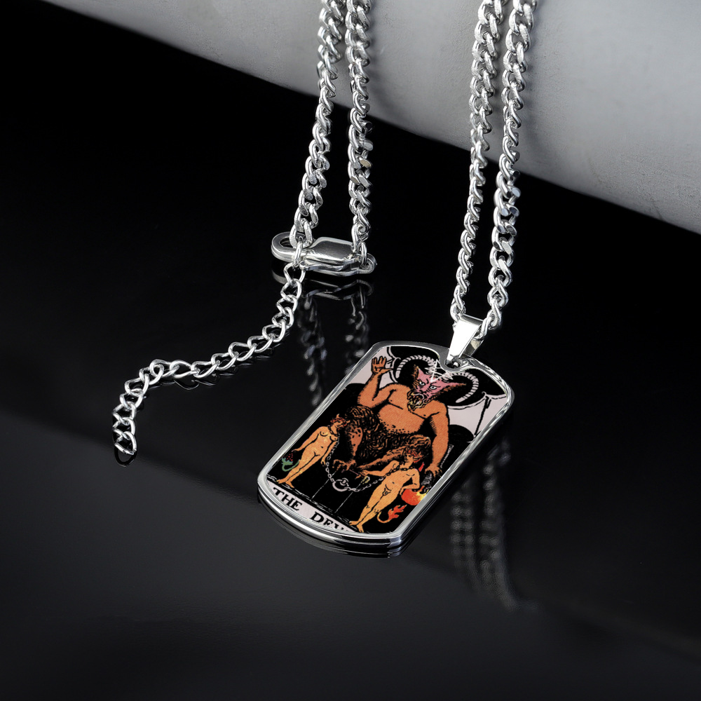 The Devil Tarot Card Double Sided Print Rectangular Pendant and Necklace