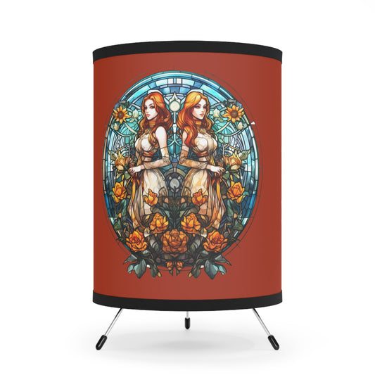 Gemini Stained Glass Twins with Inspirational Poem Printed Shade Tripod Lamp, US\CA plug