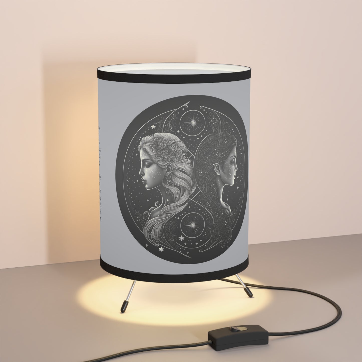 Gemini in Black and White with Inspirational Poem Printed Shade Tripod Lamp, US\CA plug