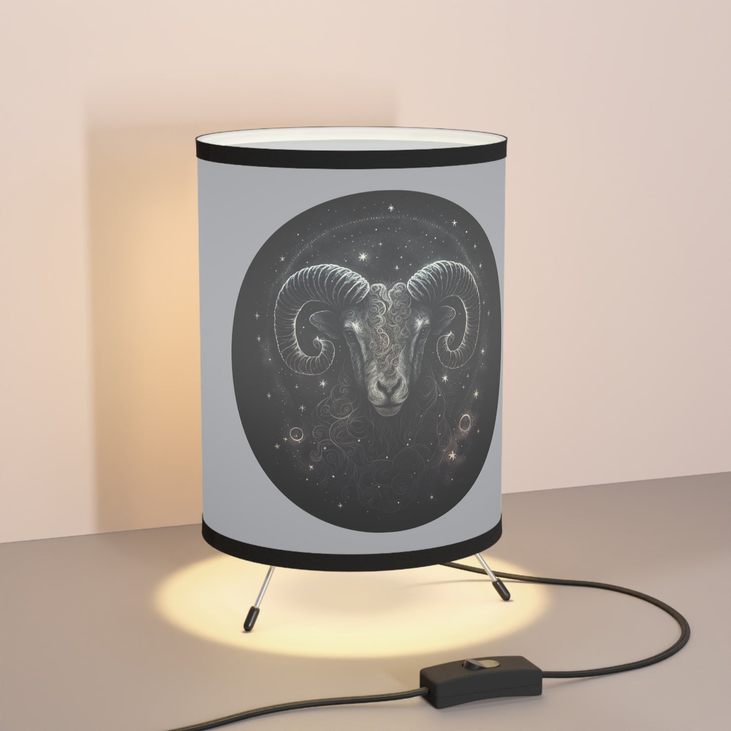 Aries Ram in Black and Silver Tripod Lamp with Printed Shade, US\CA plug