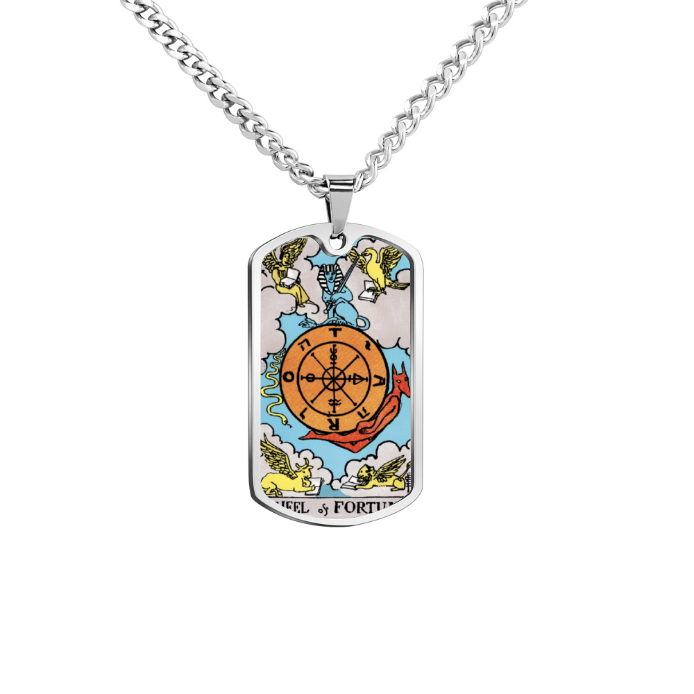 The Wheel of Fortune Tarot Card Double Sided Print Rectangular Pendant and Necklace