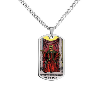 The Justice Tarot Card Double Sided Print Rectangular Pendant and Necklace