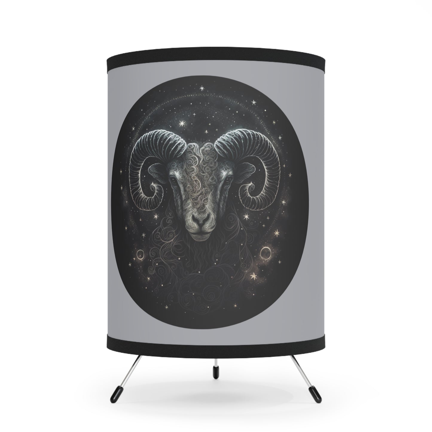 Aries Ram in Black and Silver Tripod Lamp with Printed Shade, US\CA plug
