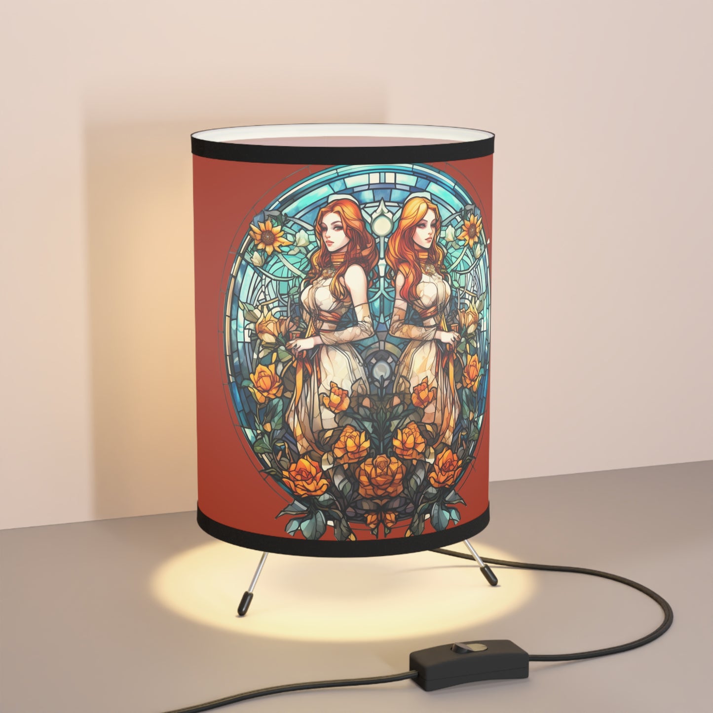 Gemini Stained Glass Illustration Tripod Lamp with Printed Shade, US\CA plug