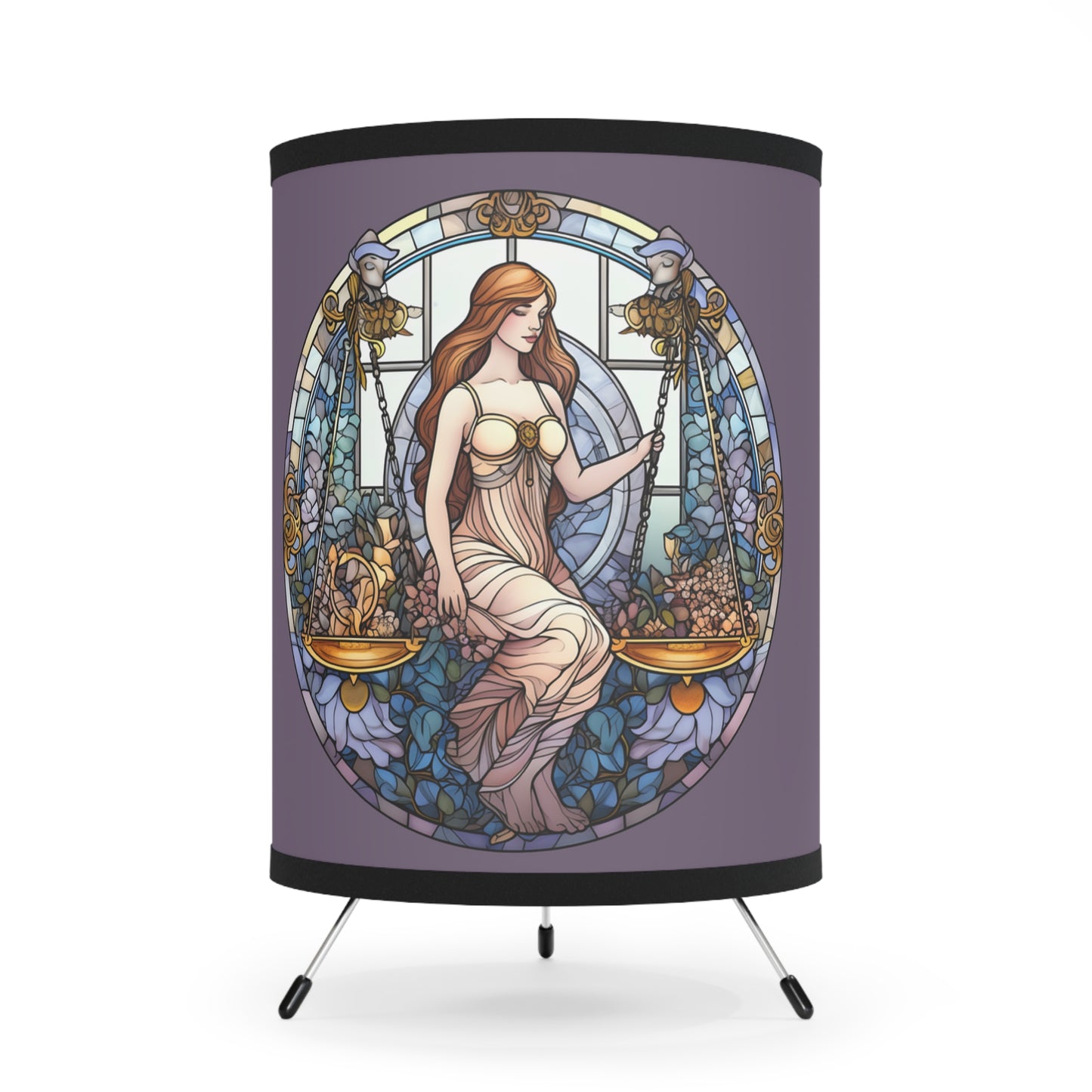 Libra Stained Glass Illustration Tripod Lamp with Printed Shade, US\CA plug
